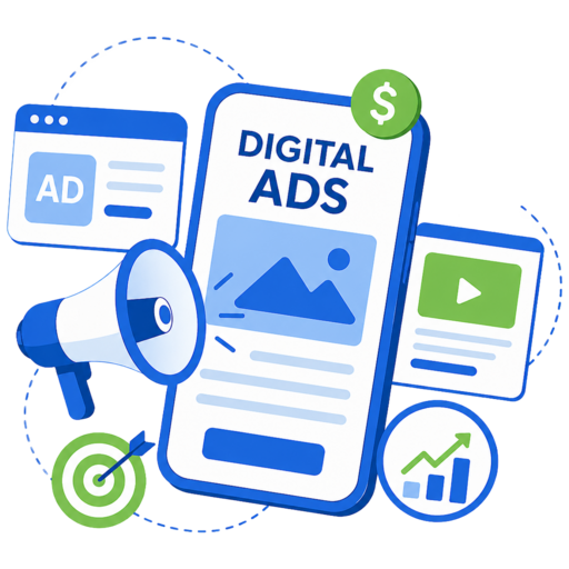 Digital advertising for Smyrna, TN businesses — a megaphone, a digital ad on a phone and rising performance charts