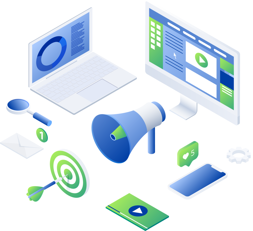 Digital marketing services for Smyrna, TN businesses — website screens, a megaphone, a target and mobile devices