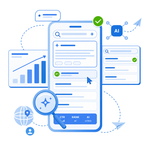 SEO and AI Search for Spring Hill, TN businesses — search results, ranking charts and an AI prompt on a phone